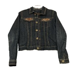 BOOM BOOM JEANS Boho Cropped Western Jacket Sz 5 Embellished Sequin Dark Wash